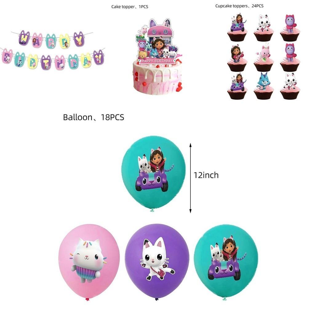 Gabbys Dollhouse Kids Birthday Party Supplies Decor Set With Durable Balloons And Colorful Flags