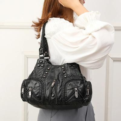 Schwarze Umhängetasche für Damen im Gothic-Stil, originale, moderne Einkaufstasche, großes Fassungsvermögen, Leder, Motorrad-Vintage-Handtasche