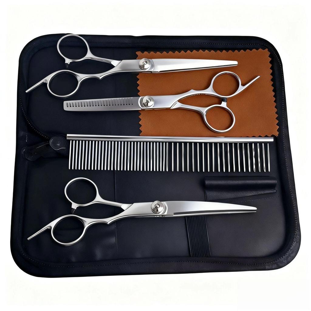 Portable Pet Grooming Scissor Set: Flat & Curved Hairdressing Tools