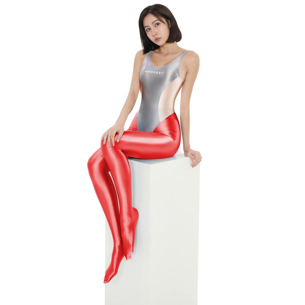 Leucothea Series Black and White Sexy Stretch Competition Swimsuit [AMORESY] High-brightness High-elasticity T-back (XL, Silver)