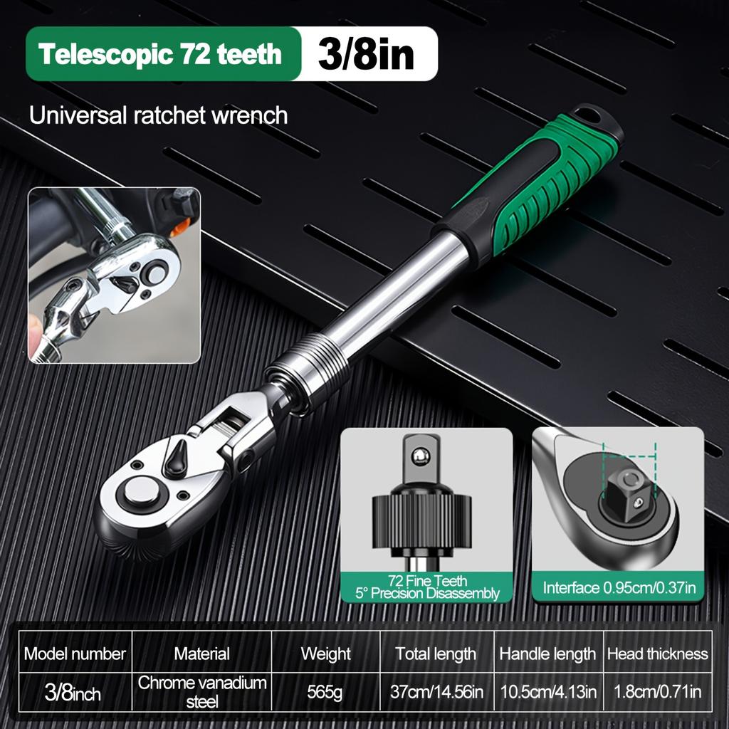 72-Tooth Ratchet Wrench Set, Chrome Vanadium Steel, Automatic Two-Way Mechanism, Stretchable, Ergonomic Grip, with Quick Socket