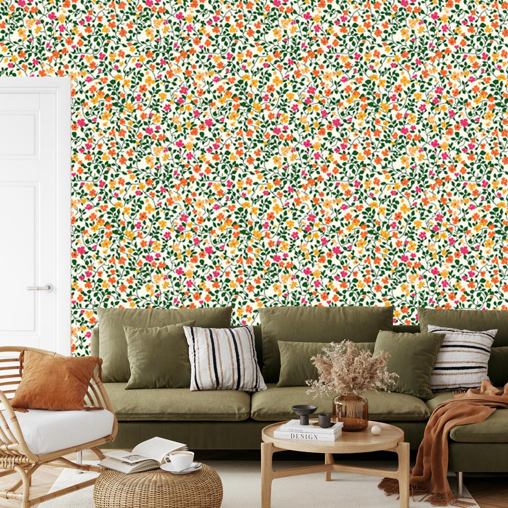 Wallpaper Small Flowers Green and Cream for Living Room and Bedroom 50x1000
