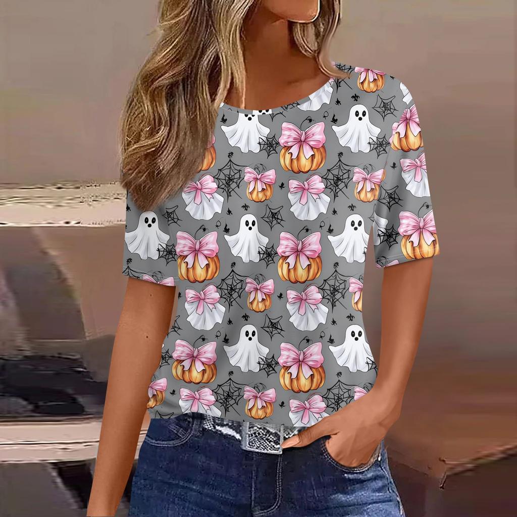 Women's Casual Short Sleeve Pullover Top Halloween Spider Web Pumpkin Print Round Neck Blouse Lightweight Comfortable Fit