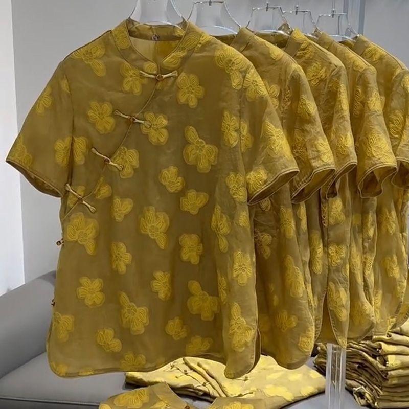 

Button short-sleeved shirt women s high-end temperament stand-up collar shirt retro top trend 3XL (recommended 138-75kg) жёлтый