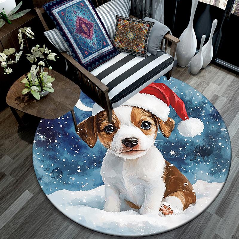 Christmas Puppy Round Area Rug,Carpet Rug for Living Room Bedroom Sofa Playroom Decor,Non-slip Floor Mat