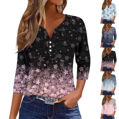 Women's Casual Fashion V-neck Loose Versatile Floral Print Three-quarter Sleeves