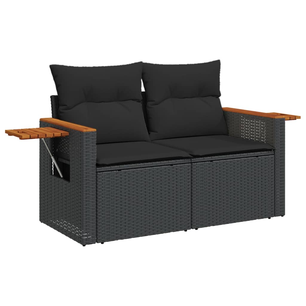 2 Seater Garden Sofa with Cushions Black Poly Rattan