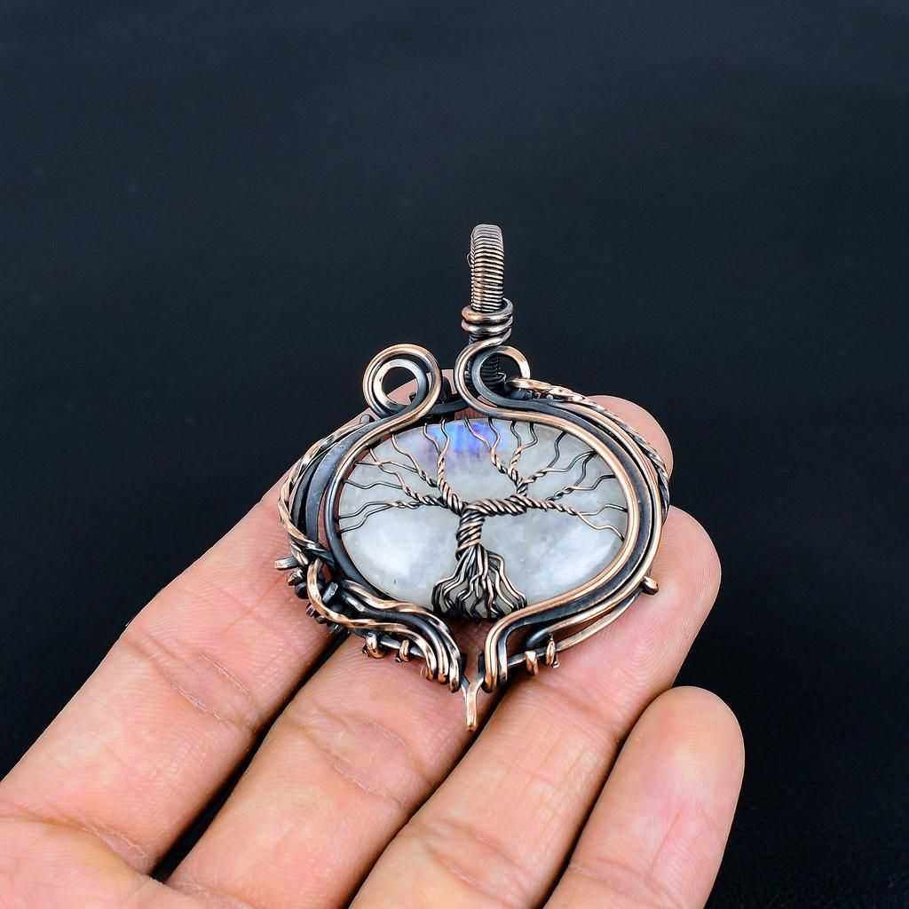 Rainbow Moonstone Pendant Gemstone Jewelry, 999 Copper Wire Wrapped Pendant, Handmade Beautiful Jewelry Pendant