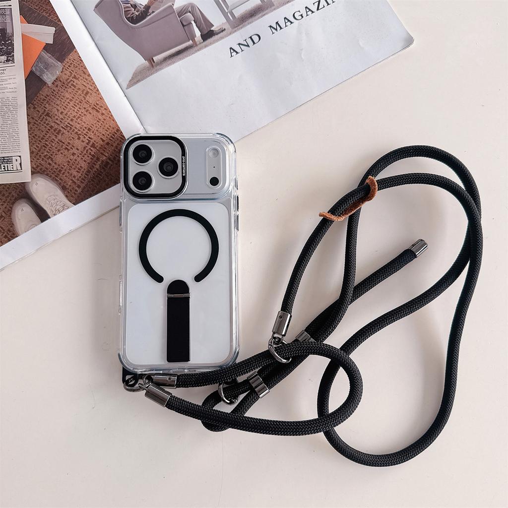 8.0mm Crossbody Strap Magnetic Case For iPhone 17 Pro Max 16 15 14 Clear Cover Metal Stand 4-Corners Protection Drop Resistant