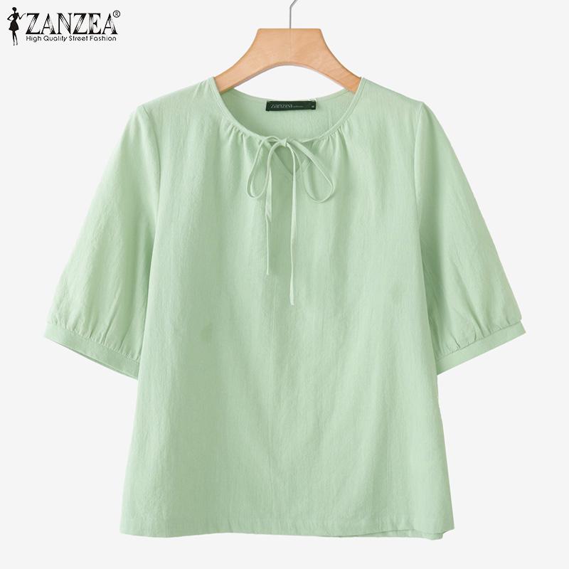 ZANZEA Women Casual Round Neck Loose Short Sleeve Cotton Blouse