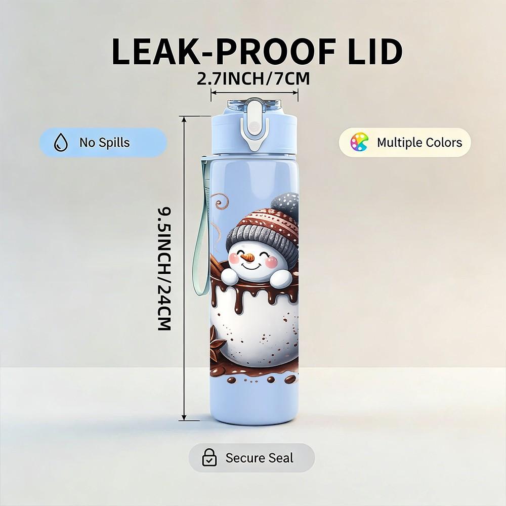 1PC Snowman Hot Cocoa Winter Print 750ml Color Plastic Sports Water Bottle Leakproof Flip Straw Lid Suitable for Sports Office Home Use
