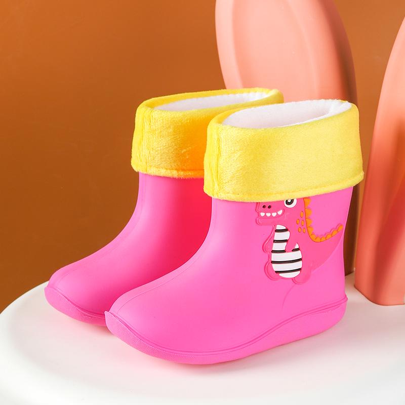 Kids' Cartoon Dinosaur Waterproof Rain Boots with Drawstring, Cotton-Lined, for Boys and Girls, Ideal for Kindergarten.