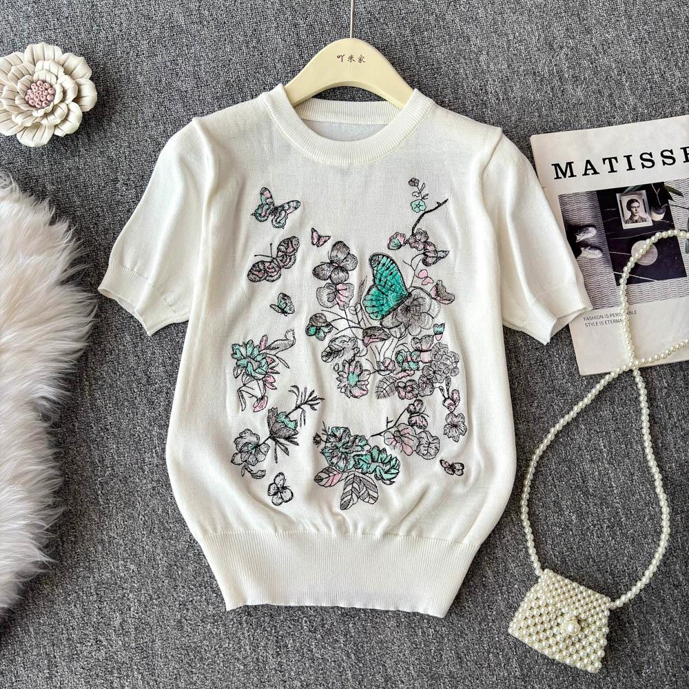 

Летний женский дизайнерский свитер с круглым вырезом и вышивкой в виде цветка и бабочки, трикотажный свитер, пуловер, топы, футболка One Size белый