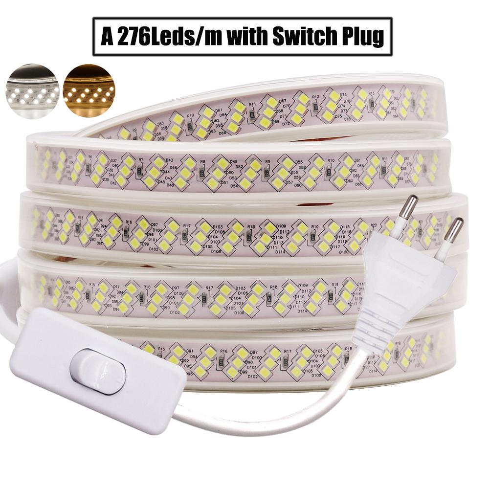 276Led/m Three Row LED Strip Light 220V 2835 Flexible LED Tape Waterproof Ribbon with EU Switch Plug for Home Holiday Decoration