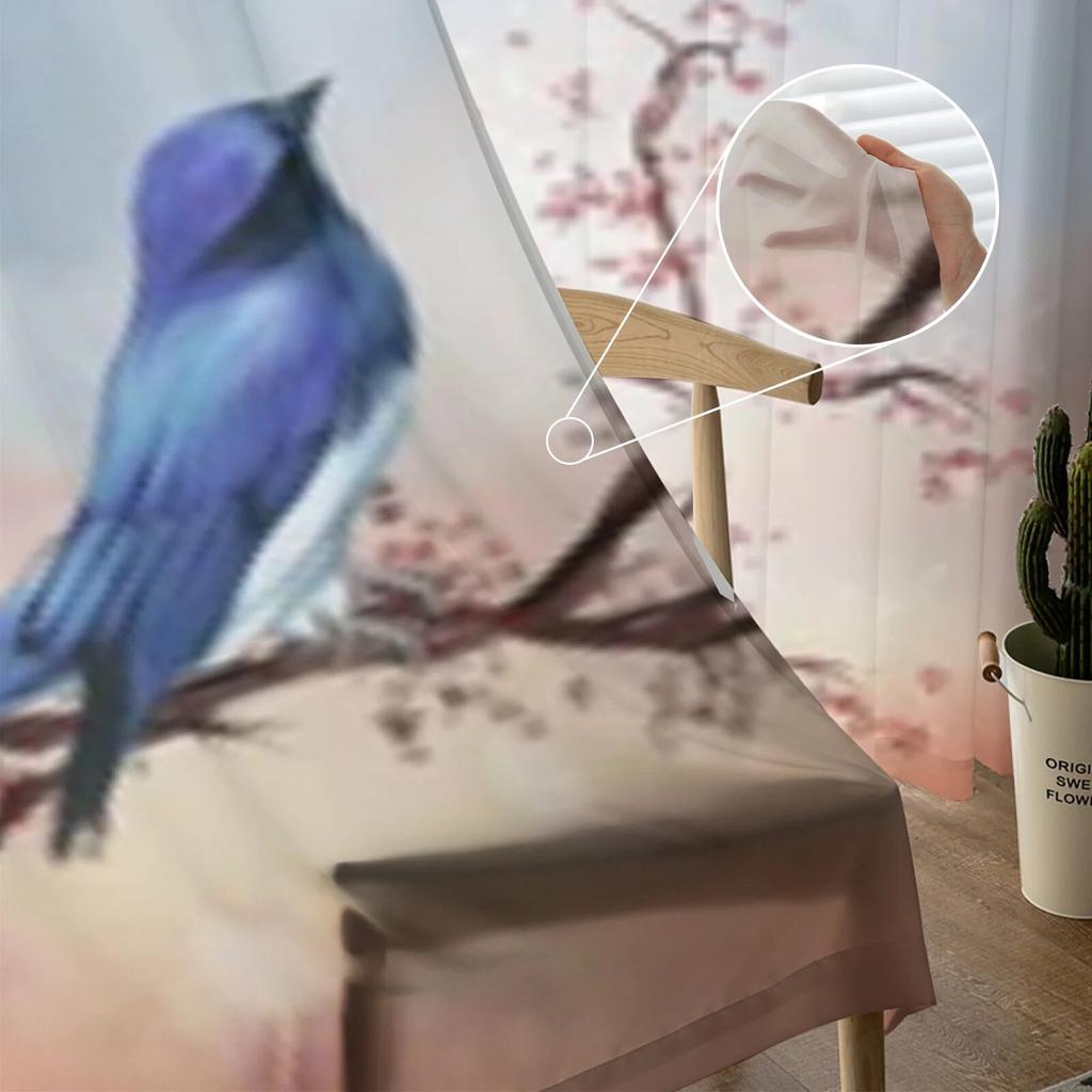 Blue Bird On A Flowered Branch Chiffon Sheer Curtains For Living Room Bedroom Decoration Window Tulle Curtains Drapes