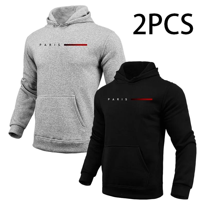 2pcs Hoodies Male Autumn Winter Hooded Long Sleeve Pullover Paris Printed Sweatshirt Urban Fashion Casual Sporty Hoody Coat