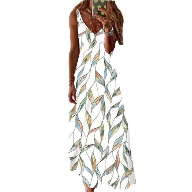 Damen Floral Maxikleid V-Ausschnitt Spaghettiträger Ärmellos Lockerer Schnitt Sommer Strandurlaub Langes Kleid