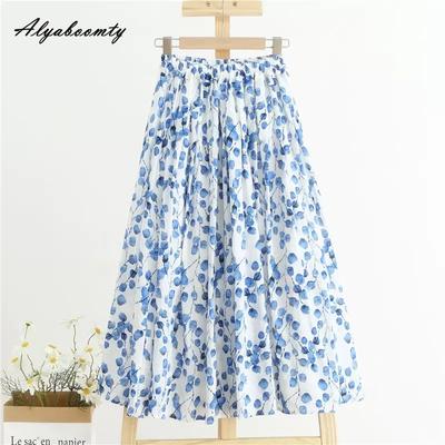 Korean Style Summer Autumn Women Midi Skirt High Waist Blue Floral Print Vintage Skirt Cotton Linen Retro A-Line Soft Skirt