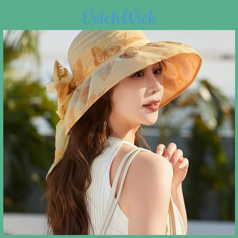 Summer Sun Protection Hat For Women With Butterfly Bow And Floral Pattern Polyester Material