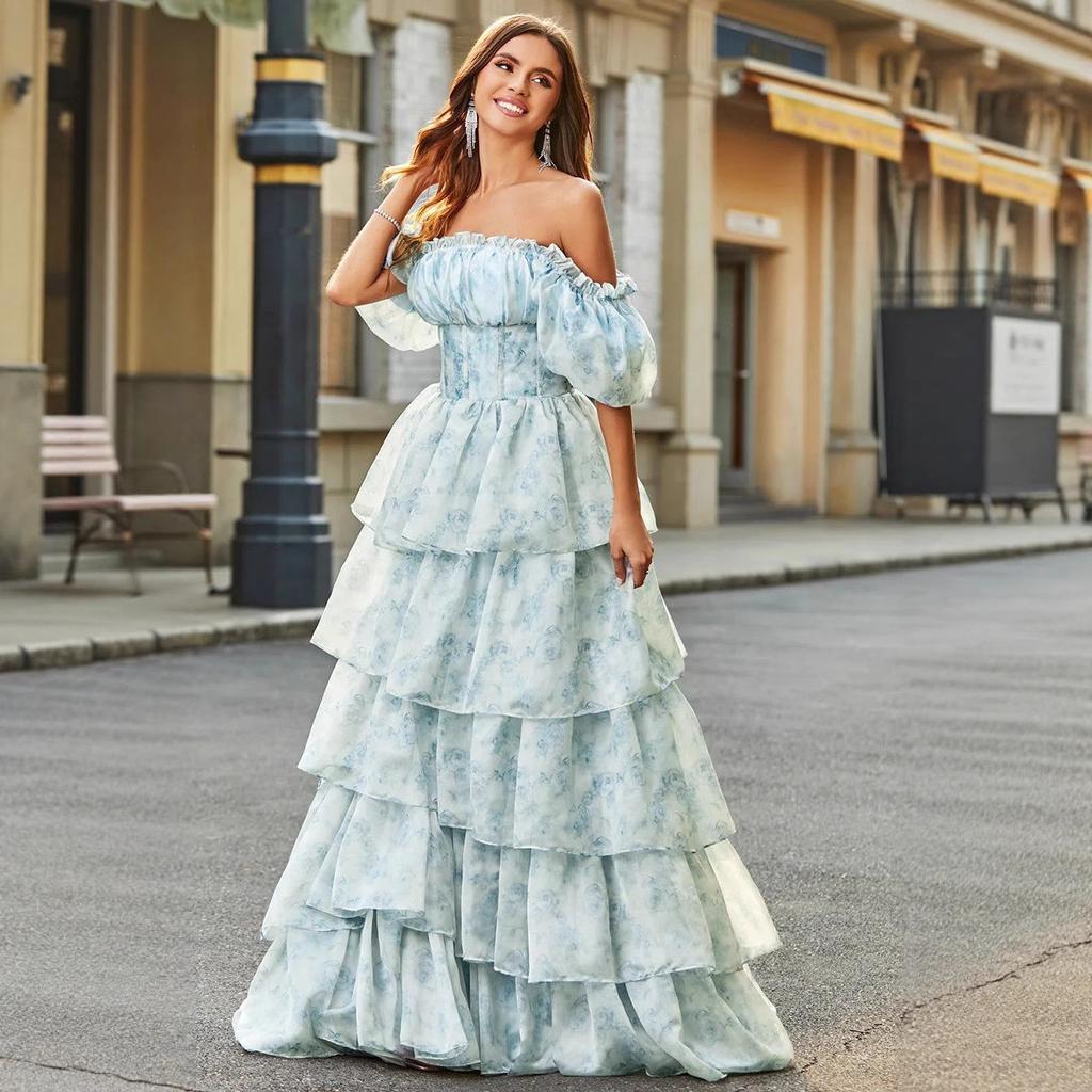 Idyllisches süßes Kuchenkleid Europäische und amerikanische Puffärmel Kurzarm Schnürung an der Taille Einfarbig Blumig Feenkleid Langes Kleid