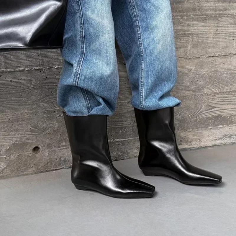 Fashion European and American Style Minimalist Skinny Boots Premium Retro Square Toe Wedge All-match Short Boots