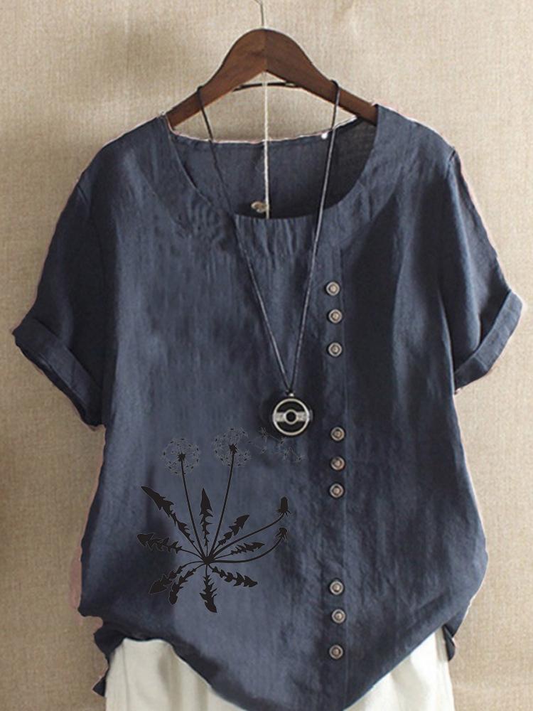 Women's Fashion Black Dandelion Print Shot Sleeve T-shirt Loose Cotton Shirt Casual Loose Summer Blouse Tops Plus Size