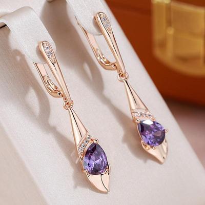 Orecchini pendenti lisci color oro con ciondolo in zircone viola per donna, gioielli scintillanti, accessori abbinati