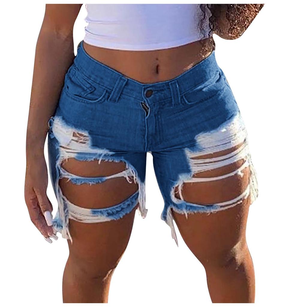 Women Elastic Destroyed Hole Leggings Short Pants Denim Shorts Ripped Jeans