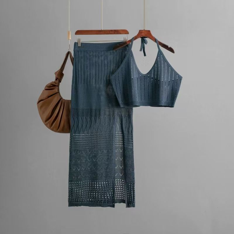 

Western Style Sexy Knitted Hollow out Vest Skirt Two-piece Set Knitted Vest and Skirt Set Blue Gray All yards