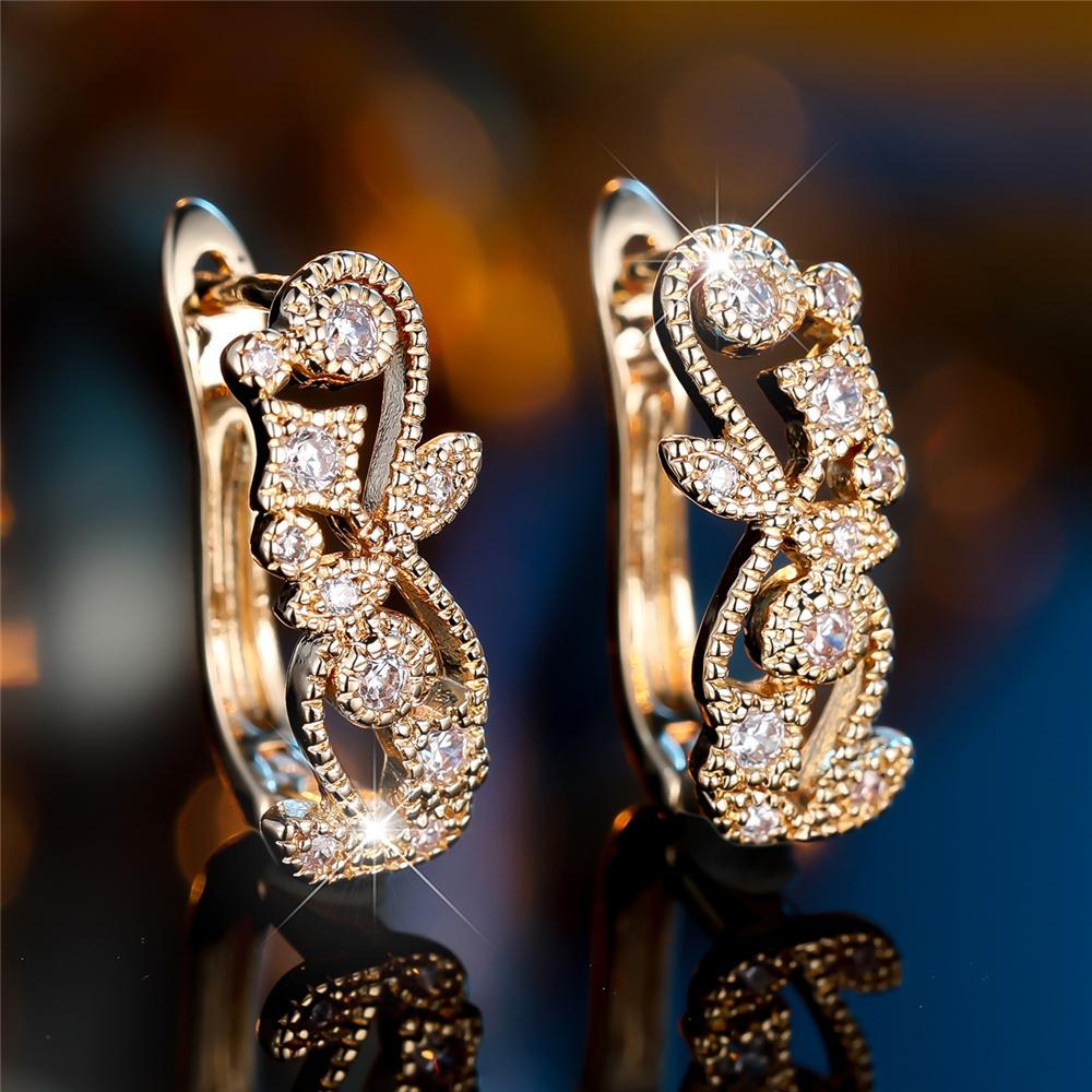 Милые Женские Белые Циркониевые Серьги-Кольца Цветок Лист Роскошного Золотого Цвета Свадебные Для Женщин