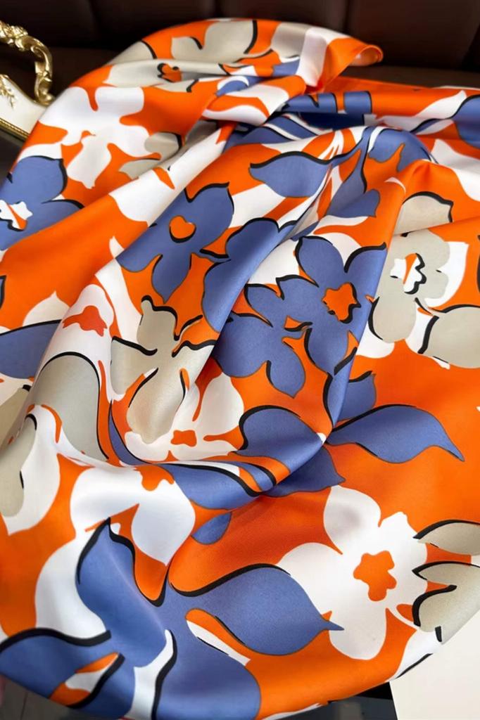 Women' Scarf 90X90 "Orange Garden" - Floral Silk Imitation Shawl