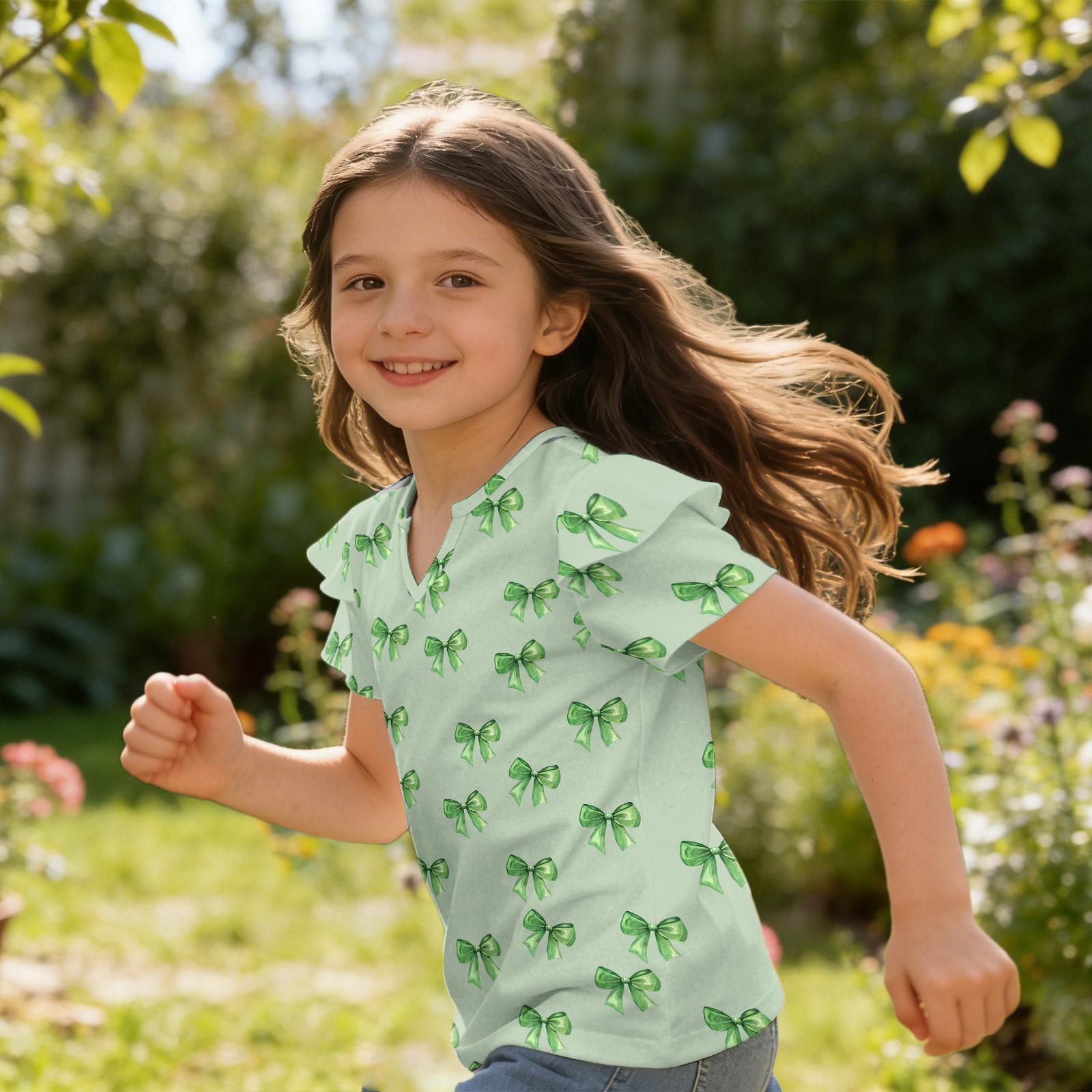 

Girls V Neck Ruffled Sleeve Bow Print Short Sleeve T Shirt Casual Blouse Lightweight Soft Fabric Summer Top for Kids 120 зелёный
