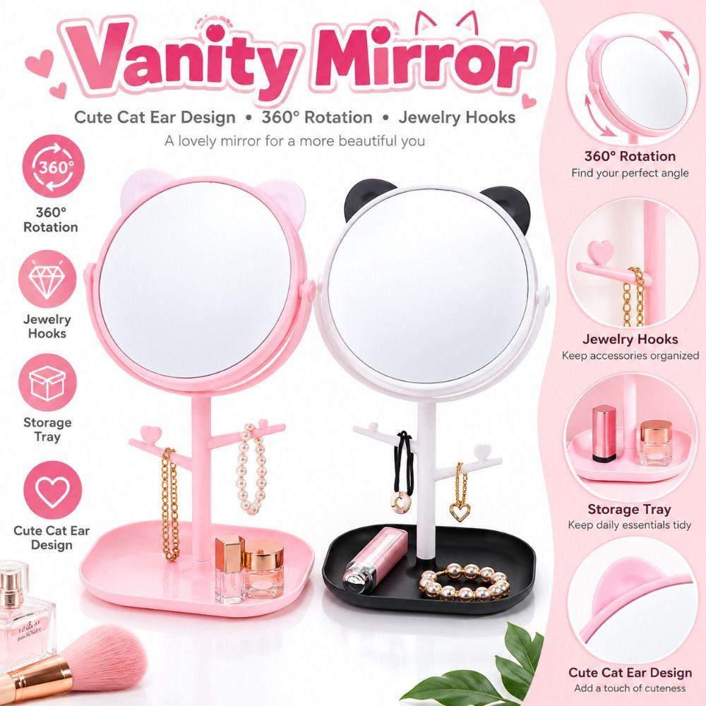 StorageTray Makeup Mirror Cat Ear Desktop Mirror Cute Vanity Mirror