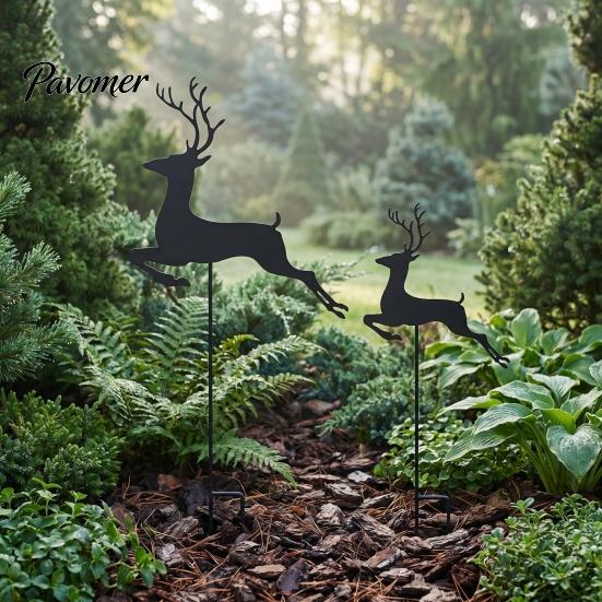 Flower Bed Sign 2Pcs/Set Christmas Elk Garden Stake, Black Reindeer Silhouette Yard Art, Festive Stakes Holiday Deer for Outdoor Lawn Patio Pathway