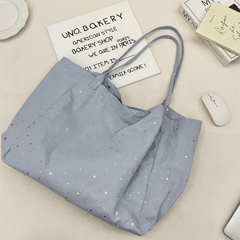 

Korean Style Canvas Shoulder Bag Glitter Star Printed Handbag Sequin Star Tote Bag Daily синий