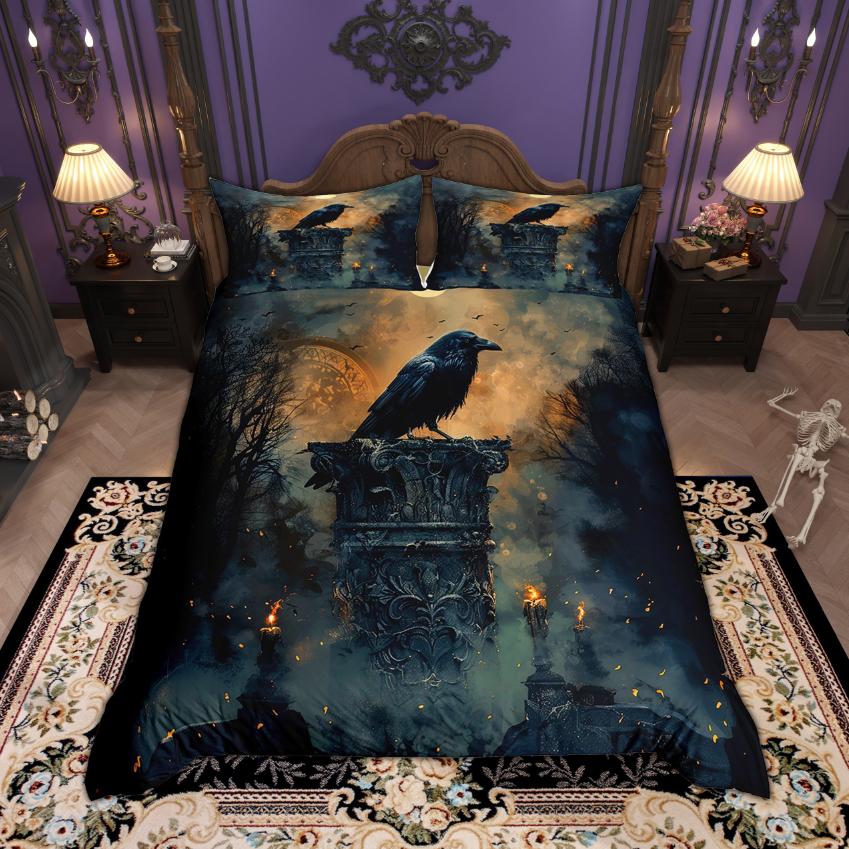 Homewish Happy Halloween Duvet Cover Set Retro Crow Bedding Set Botanical Plant Quilt Cover Set