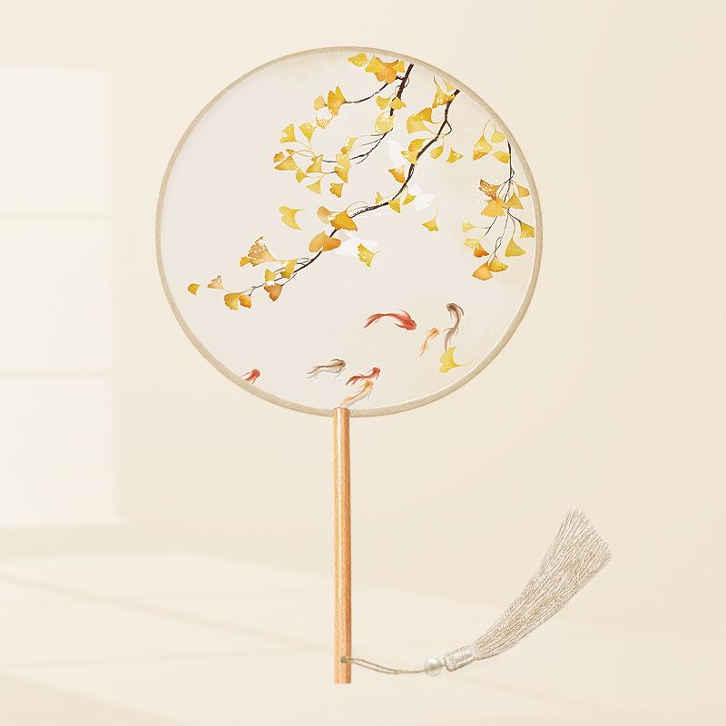 Girls' Summer Hanfu Dance Fan: Long Handle, Double-Sided Embroidered Round Fan for Traditional Costume