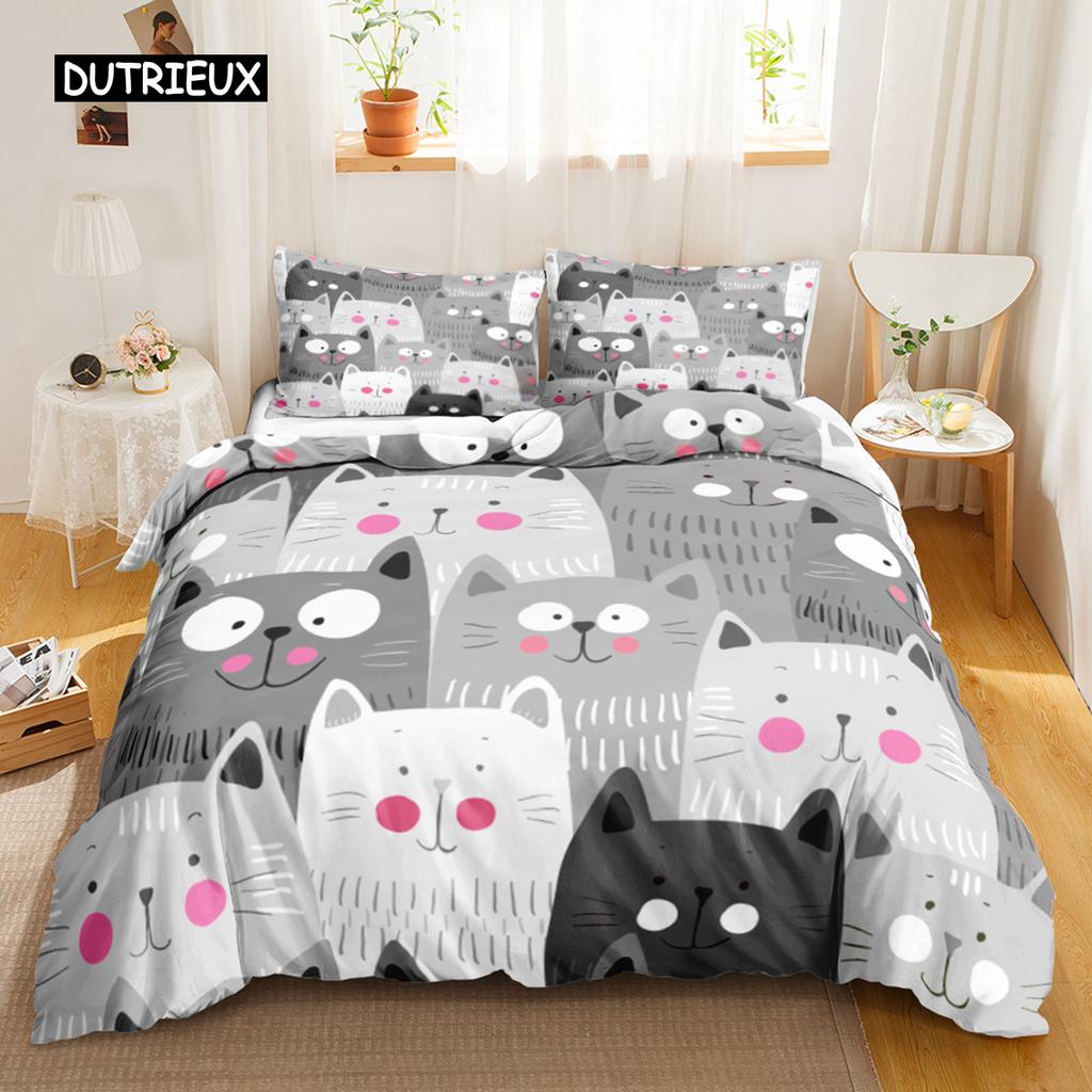 Cat Duvet Cover Set Digital Different Color Cartoon Cute Cat Bedding Set Bedclothes Double Queen King Size Polyester Qulit Cover