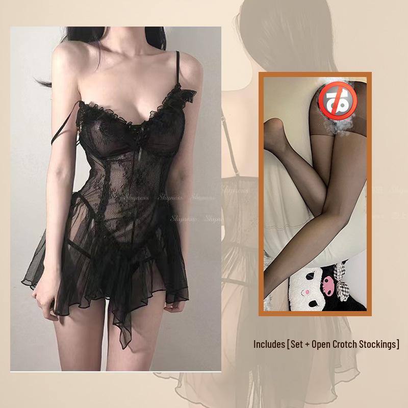 Golden Night Lingerie: Sheer Mesh Strapless Nightgown Lace Set