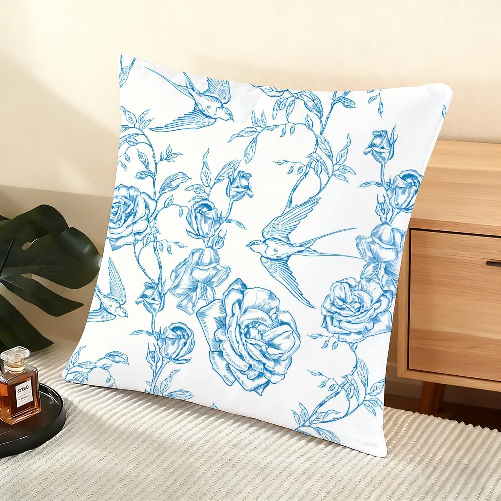 Blue Retro Flower Cushion Cover Soft Short Plush Pillow Cover Smooth Cozy Texture Aesthetic Cushion Case Home Decor