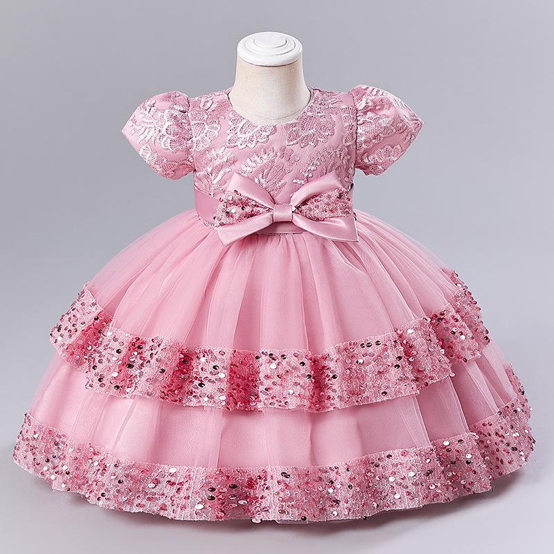 

Girls Short Sleeve Embroidered Sequin Princess Dress with Bow 90 cm