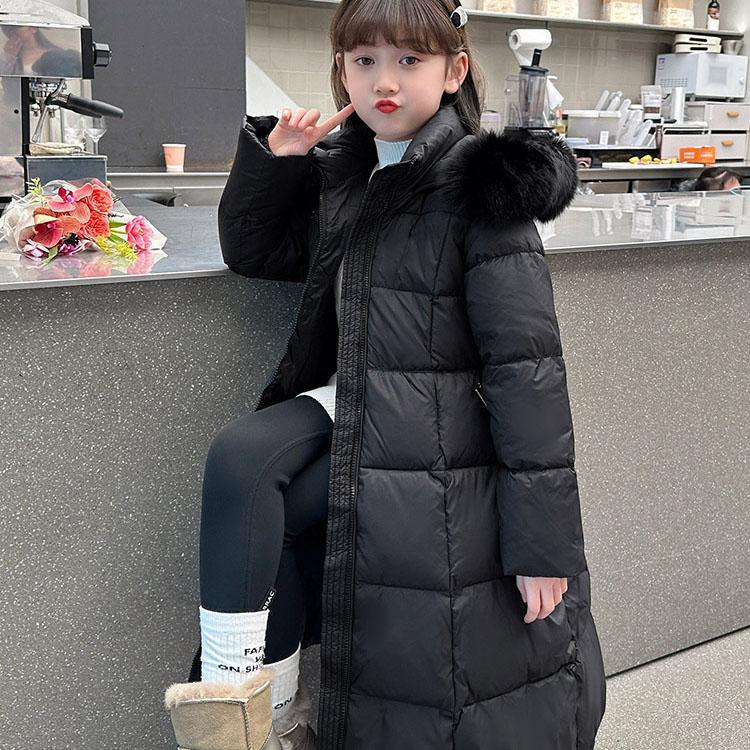 Girls Autumn and Winter Padded Long Solid Colour Jacket with Hood Thickened Loose Warm Outerwear