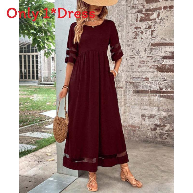 Elegantes Polyester-Halbarm-Netz-Rundhals-Kleid für Büro und Freizeit