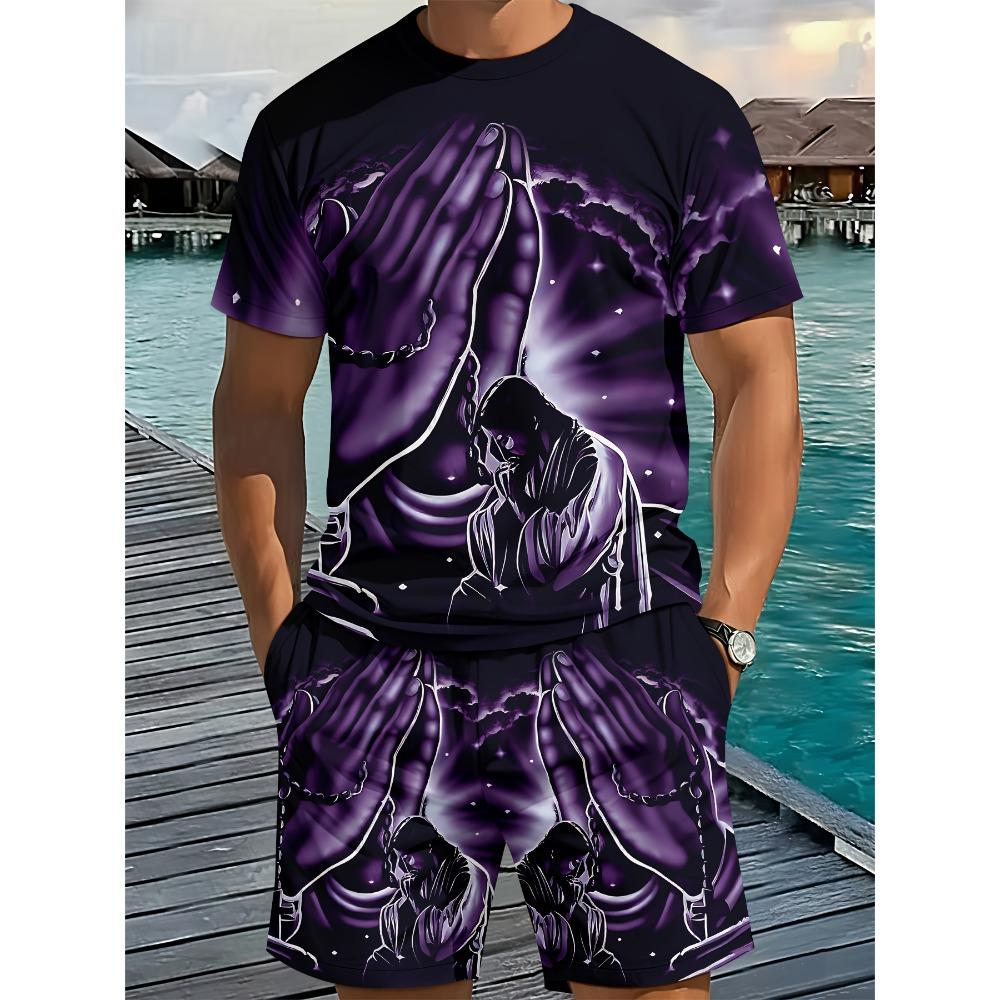 

Men s 3D Digital Printing Round-neck Short-sleeved Set - Dark Style Prayer Hand Print - European-American Religious Style Set XS
