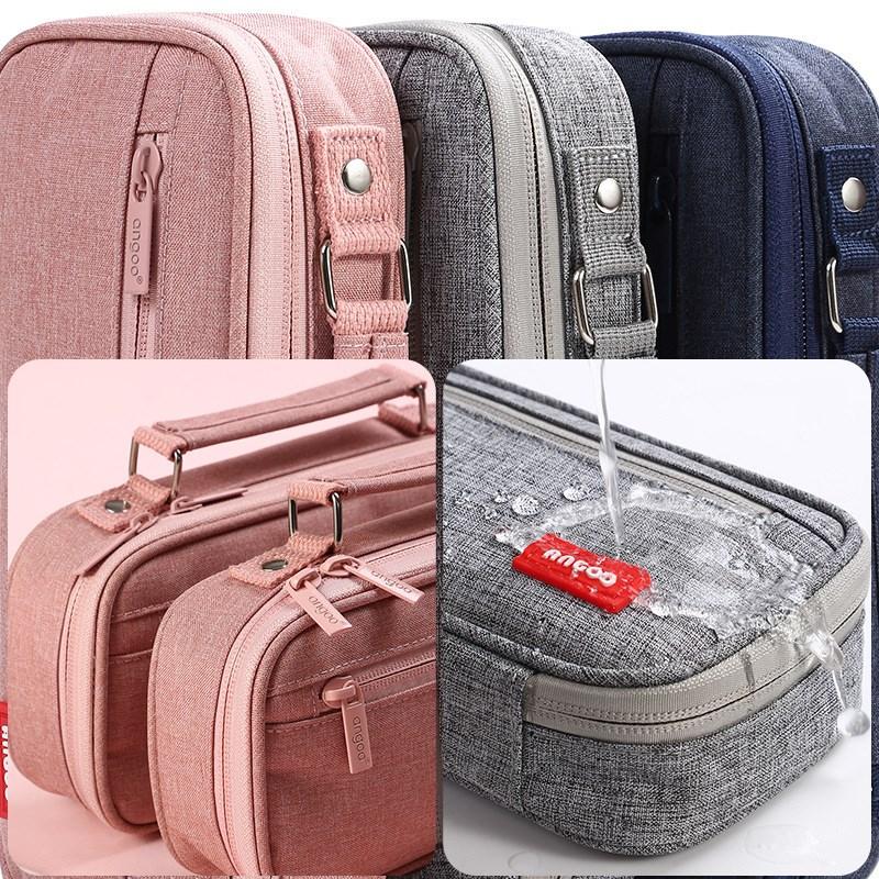 Portable Canvas Pencil Bag Student School Supplies Storage Bag Large Capacity Stationery Bag with Pen Holder Grid Belt Pen Case