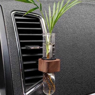 Stabile Mini-Auto-Blumenvasen-Klemme Elegante Verstellbare Auto-Lüftungsschlitz-Blumenvase Walnuss und Glas Kreative Auto-Lüftungsschlitz-Dekoration Armaturenbrett