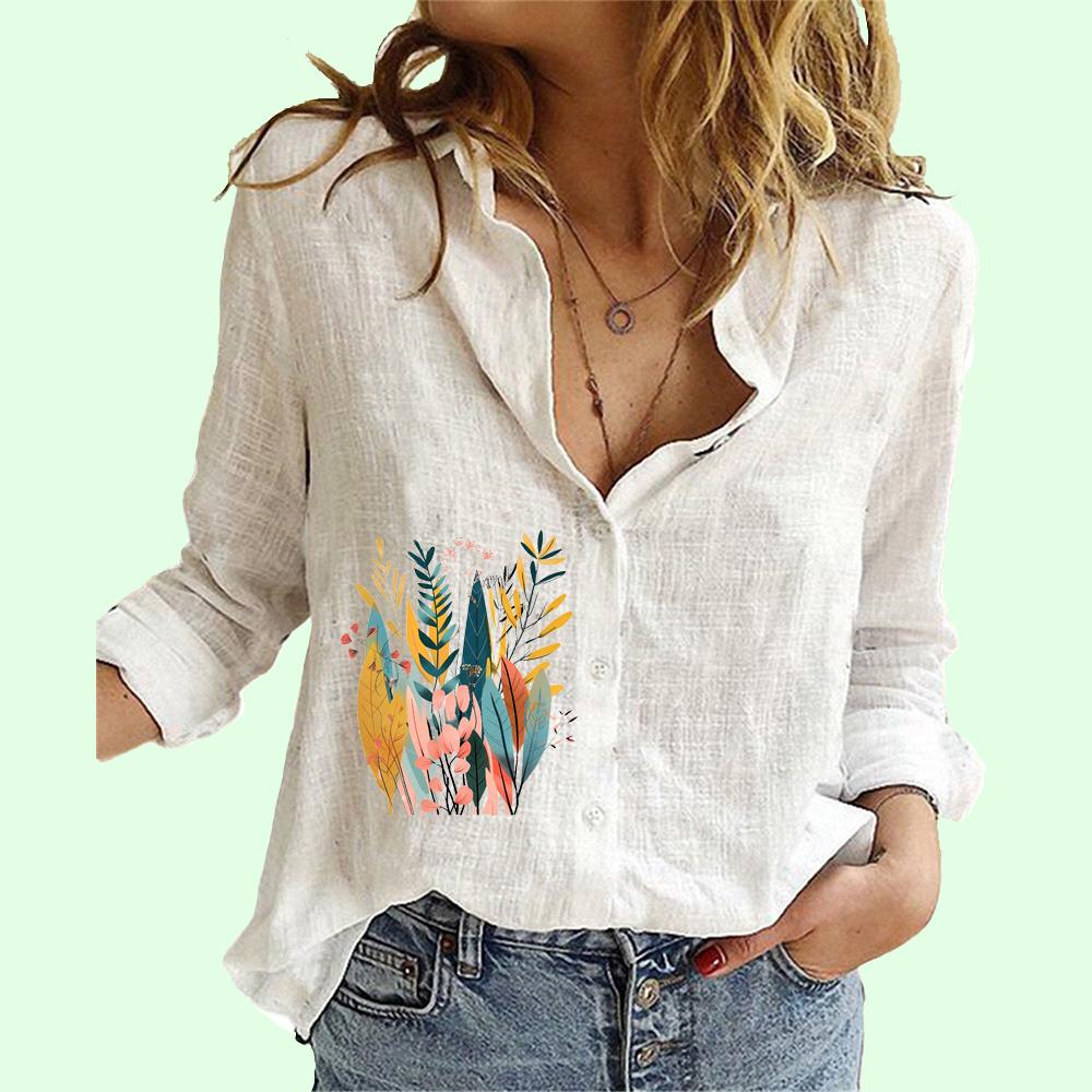 Women Fashion Button-up Shirt Summer&fall Cotton Linen Long Sleeve Top Ladies Casual Floral Print Blouses
