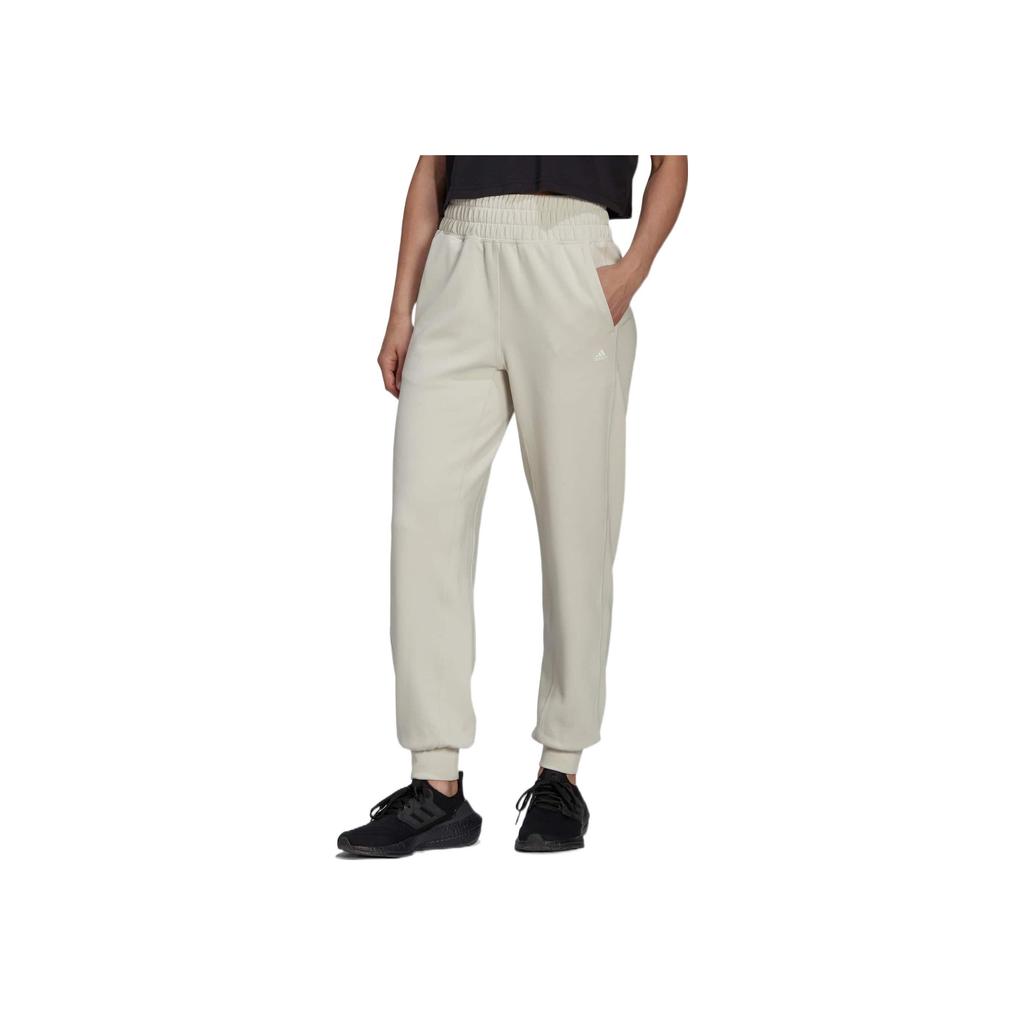 Adidas Spodnie sportowe damskie z mankietami, jednolity kolor, nadruk logo, elastyczny pas, białe HK2364