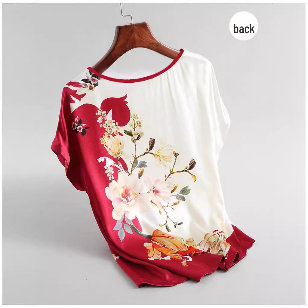 2025 Summer Retro Loose Ice Silk T-Shirt for Middle-Aged and Elderly Plus Size Women