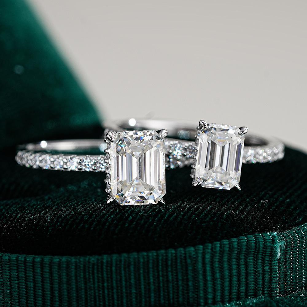 S925 Sterling Silver Rectangular Cut Engagement Ring - 1/2/3 Carat D Color VVS Moissanite Half Eternity Band Jewelry for Women